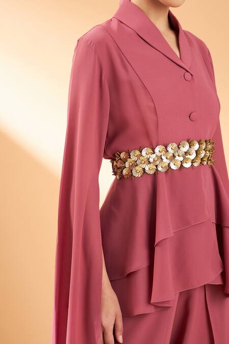 Shop_Aakaar_Pink Moss Crepe Collared Neck Layered Jacket And Pant Set _Online_at_Aza_Fashions