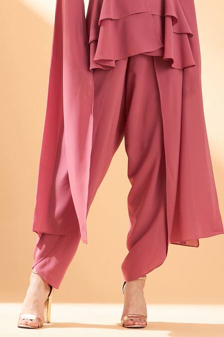 Aakaar_Pink Moss Crepe Collared Neck Layered Jacket And Pant Set _at_Aza_Fashions