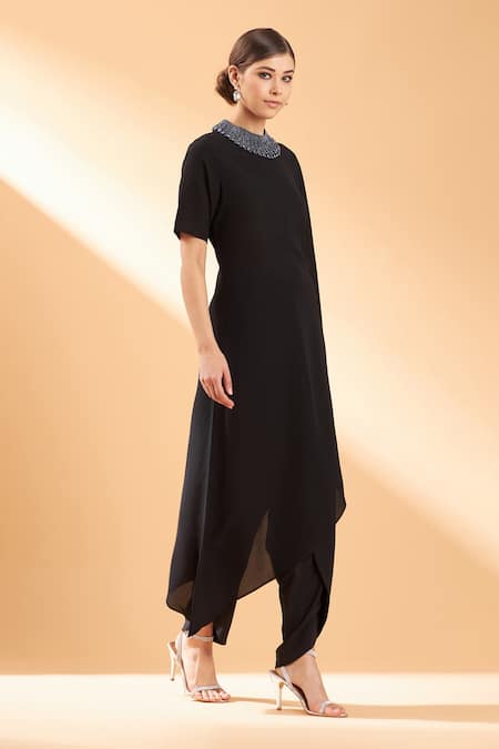 Aakaar_Black Moss Crepe Beads And Crystal Round Asymmetric Tunic & Pant Set _Online_at_Aza_Fashions