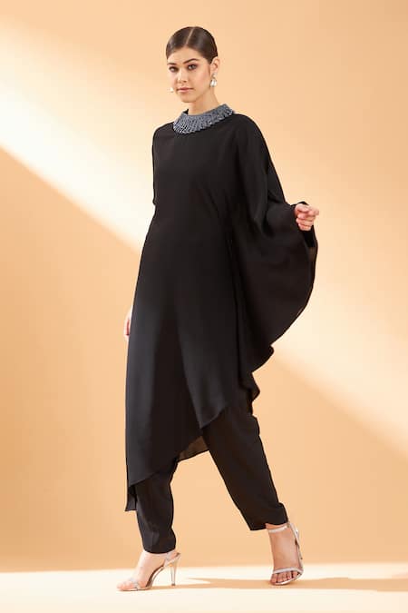 Buy_Aakaar_Black Moss Crepe Beads And Crystal Round Asymmetric Tunic & Pant Set _Online_at_Aza_Fashions