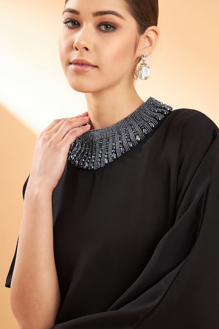 Shop_Aakaar_Black Moss Crepe Beads And Crystal Round Asymmetric Tunic & Pant Set _Online_at_Aza_Fashions