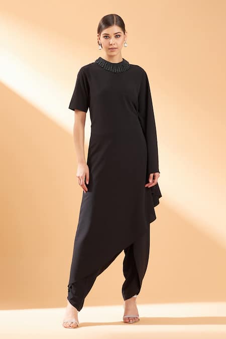 Aakaar Black Modal Beads Asymmetric Tunic And Pant Set