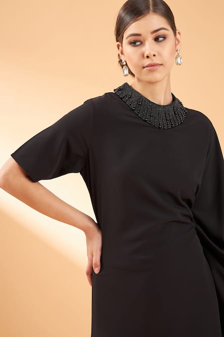 Shop_Aakaar_Black Modal Beads Asymmetric Tunic And Pant Set_Online_at_Aza_Fashions