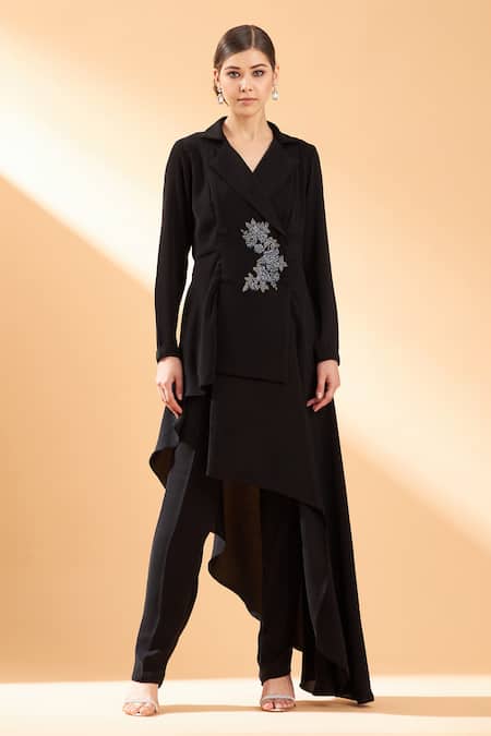 Aakaar Black Moss Crepe Embroidery Cutdana And Beads Blazer Style Tunic & Pant Set 