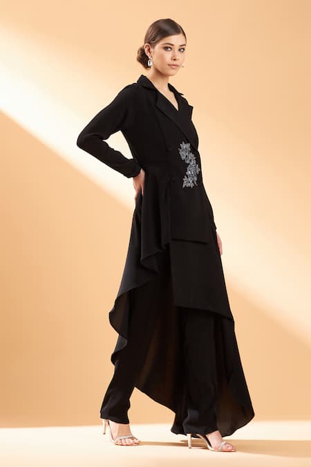 Aakaar_Black Moss Crepe Cutdana And Beads Embroidered Blazer Style Tunic & Pant Set _Online_at_Aza_Fashions