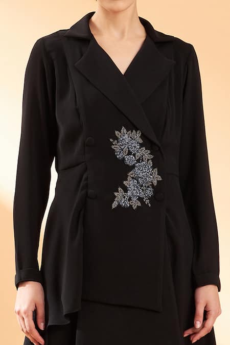 Shop_Aakaar_Black Moss Crepe Cutdana And Beads Embroidered Blazer Style Tunic & Pant Set _Online_at_Aza_Fashions