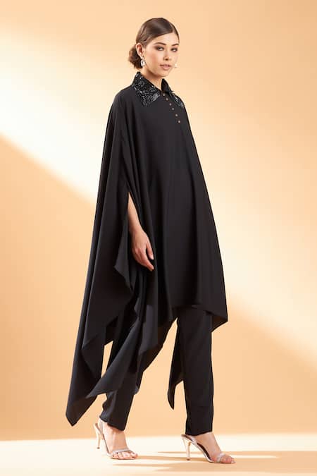 Aakaar_Black Moss Crepe Cutdana, Sequin And Beads Collared Asymmetric Tunic & Pant Set_Online_at_Aza_Fashions