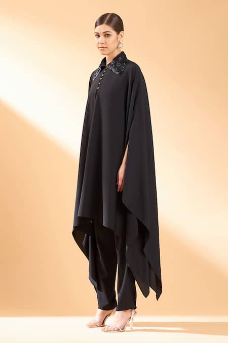 Buy_Aakaar_Black Moss Crepe Cutdana, Sequin And Beads Collared Asymmetric Tunic & Pant Set_Online_at_Aza_Fashions