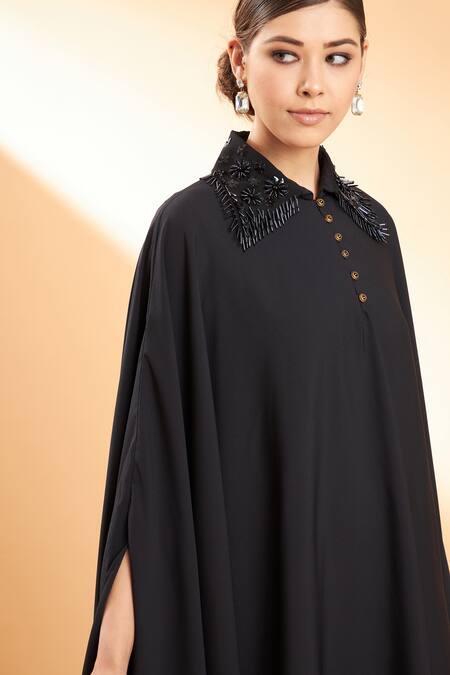 Shop_Aakaar_Black Moss Crepe Cutdana, Sequin And Beads Collared Asymmetric Tunic & Pant Set_Online_at_Aza_Fashions