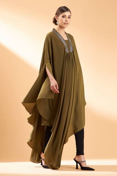 Aakaar_Green Silk, Crepe Embroidery Kaftan Style Tunic For Kids_Online_at_Aza_Fashions