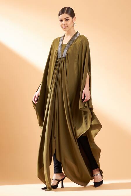 Buy_Aakaar_Green Silk, Crepe Embroidery Kaftan Style Tunic For Kids_Online_at_Aza_Fashions