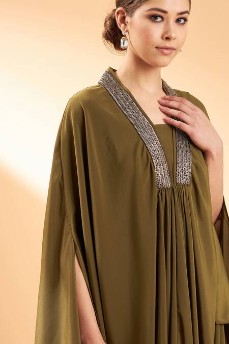 Shop_Aakaar_Green Silk, Crepe Embroidery Kaftan Style Tunic For Kids_Online_at_Aza_Fashions