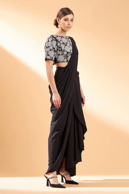 Aakaar_Black Moss Crepe Sequin And Beads Boat Pre-draped Saree With Blouse _Online_at_Aza_Fashions