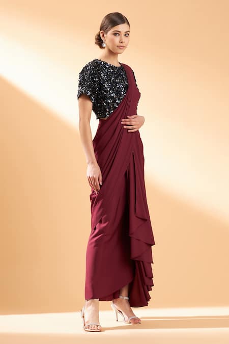 Aakaar Maroon Moss Crepe Sequin Round Pre-draped Saree With Blouse Online at Aza Fashions Aakaar_Maroon Moss Crepe Sequin Round Pre-draped Saree With Blouse _Online_at_Aza_Fashions