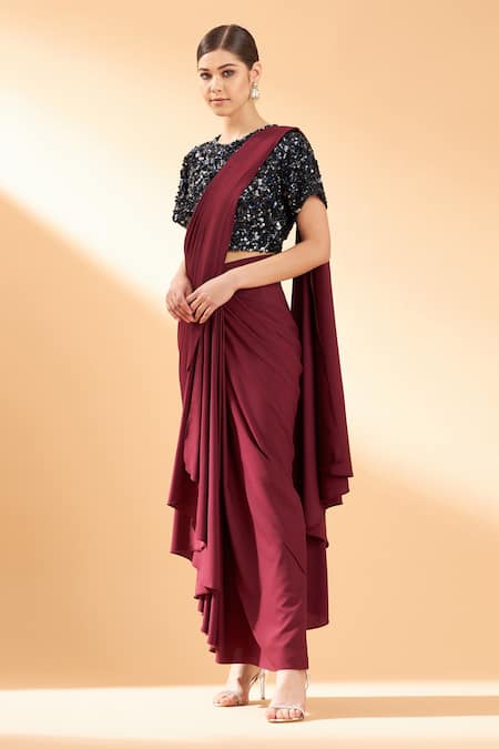 Buy Aakaar Maroon Moss Crepe Sequin Round Pre-draped Saree With Blouse Online at Aza Fashions Buy_Aakaar_Maroon Moss Crepe Sequin Round Pre-draped Saree With Blouse _Online_at_Aza_Fashions