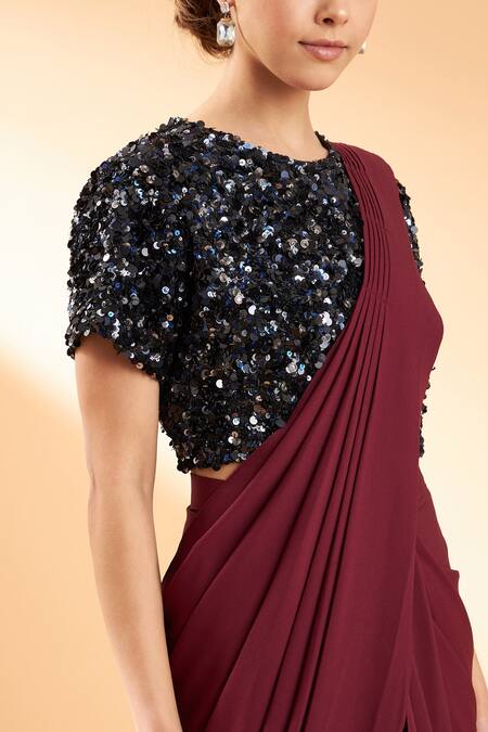 Shop Aakaar Maroon Moss Crepe Sequin Round Pre-draped Saree With Blouse Online at Aza Fashions Shop_Aakaar_Maroon Moss Crepe Sequin Round Pre-draped Saree With Blouse _Online_at_Aza_Fashions