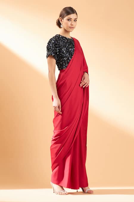 Aakaar_Red Satin Crepe Sequin Round Pre-draped Saree With Blouse_Online_at_Aza_Fashions