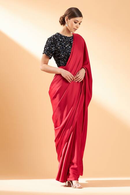 Buy_Aakaar_Red Satin Crepe Sequin Round Pre-draped Saree With Blouse_Online_at_Aza_Fashions