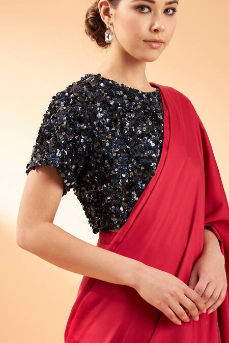 Shop_Aakaar_Red Satin Crepe Sequin Round Pre-draped Saree With Blouse_Online_at_Aza_Fashions