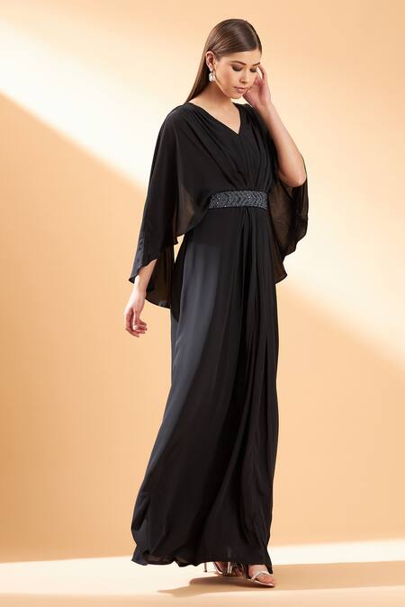 Aakaar Black Silk Crepe V Neck Gown Online at Aza Fashions Aakaar_Black Silk Crepe V Neck Gown _Online_at_Aza_Fashions
