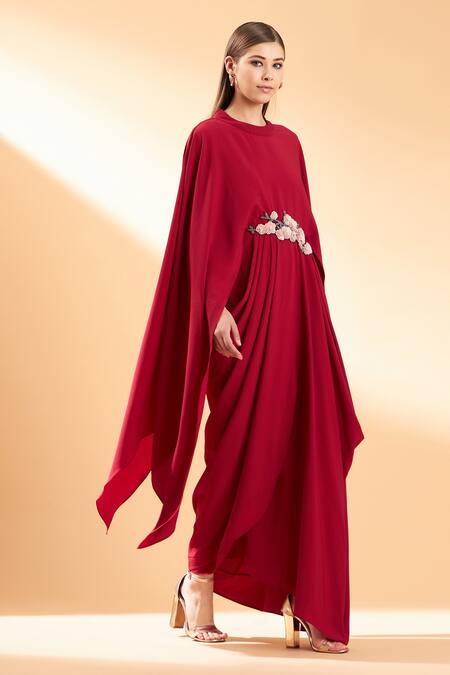Aakaar_Red Moss Crepe Sequin And Beads Round Embroidered Gown _Online_at_Aza_Fashions