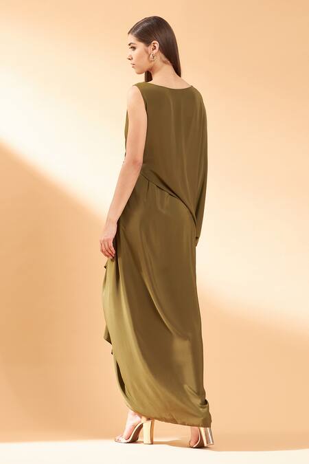 Shop_Aakaar_Green Silk Crepe Round Draped Gown _at_Aza_Fashions