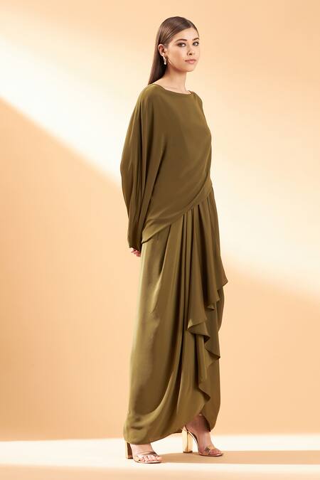 Aakaar_Green Silk Crepe Round Draped Gown _Online_at_Aza_Fashions