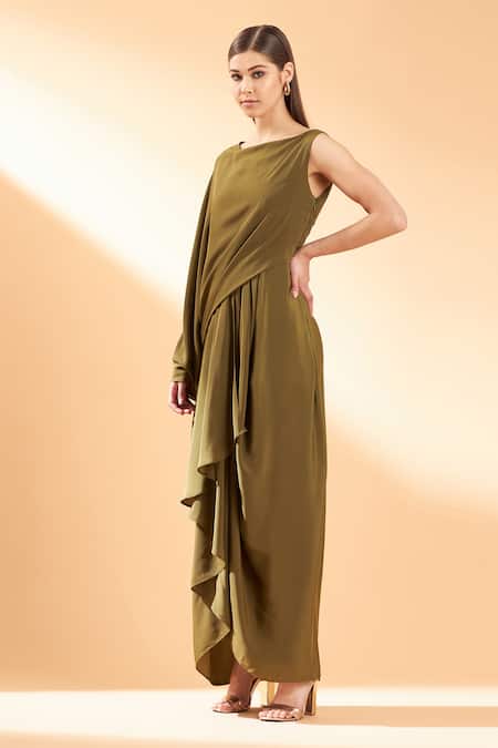 Buy_Aakaar_Green Silk Crepe Round Draped Gown _Online_at_Aza_Fashions