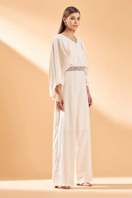 Aakaar_White Embroidery Flared Sleeves Jumpsuit For Kids_Online_at_Aza_Fashions