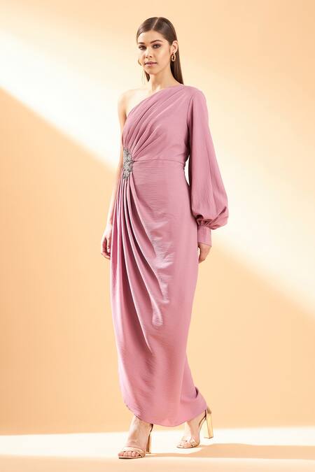 Buy_Aakaar_Pink Modal Sequins, Beads One Shoulder Gown For Kids_Online_at_Aza_Fashions