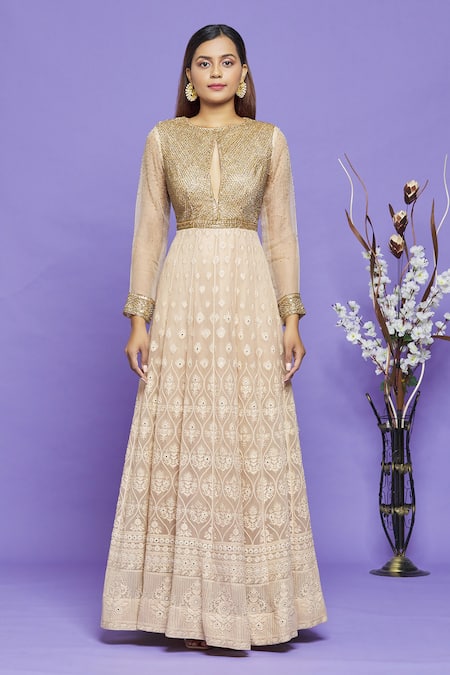 Neha Mehta Couture_Beige Lucknowi Sequin, Beads, Thread And Cutdana Round Anarkali With Dupatta _at_Aza_Fashions