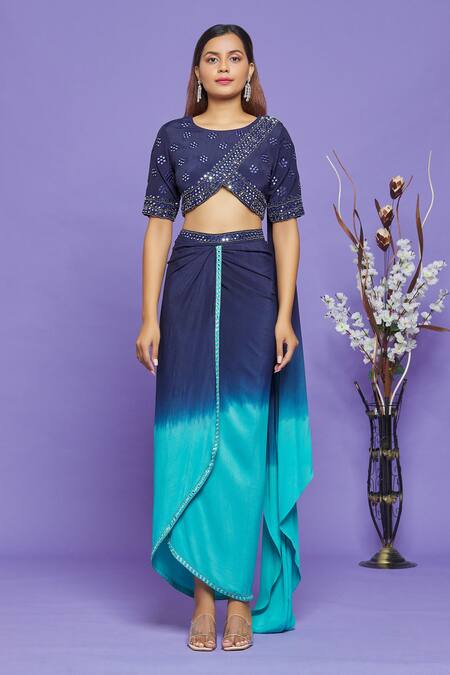 Neha Mehta Couture_Blue Pure Crepe Beads And Cutdana, Mirror Embroidered Blouse & Dhoti Skirt Set _Online_at_Aza_Fashions