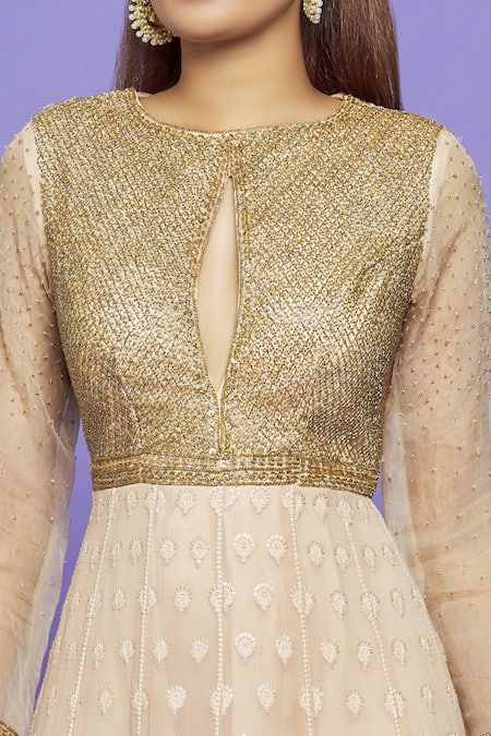 Shop_Neha Mehta Couture_Beige Lucknowi Sequin, Beads, Thread And Cutdana Round Anarkali With Dupatta _Online_at_Aza_Fashions