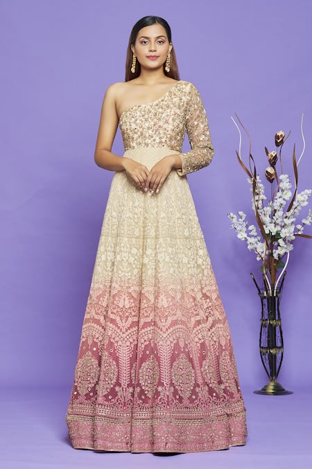 Shop_Neha Mehta Couture_Pink Lucknowi Embroidery Sequin One Shoulder Ombre Gown _Online_at_Aza_Fashions