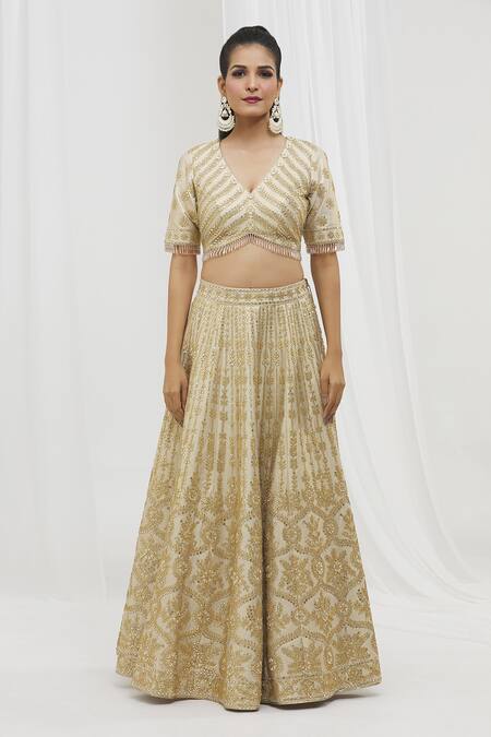 Vandana Sethi_Ivory Denim, Silk Embroidery, Mirrors, Gota Patti Embellished Bridal Lehenga Set _Online_at_Aza_Fashions