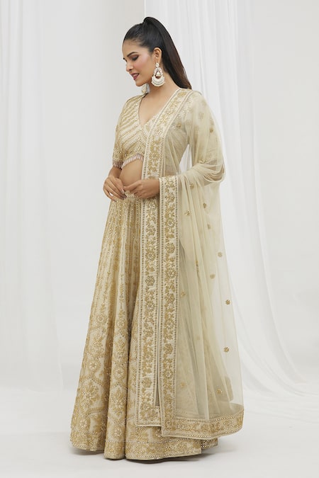 Buy_Vandana Sethi_Ivory Denim, Silk Embroidery, Mirrors, Gota Patti Embellished Bridal Lehenga Set _Online_at_Aza_Fashions