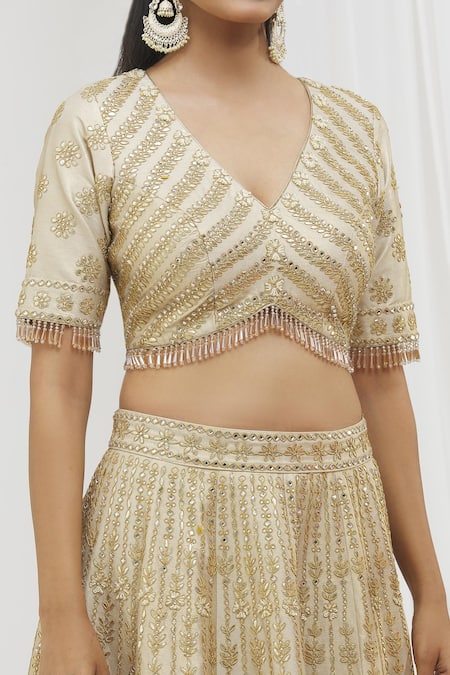 Shop_Vandana Sethi_Ivory Denim, Silk Embroidery, Mirrors, Gota Patti Embellished Bridal Lehenga Set _Online_at_Aza_Fashions