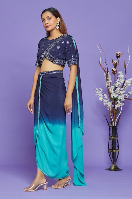 Shop_Neha Mehta Couture_Blue Pure Crepe Beads And Cutdana, Mirror Embroidered Blouse & Dhoti Skirt Set _Online_at_Aza_Fashions