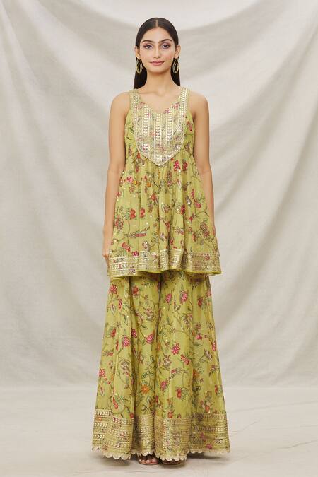 Gopi Vaid_Yellow Organza, Net Floral Motifs, Gota Work V Print Short Anarkali Sharara Set_Online_at_Aza_Fashions