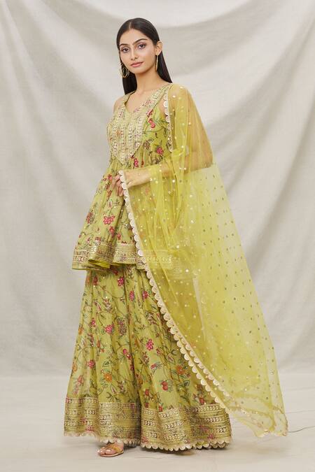 Buy_Gopi Vaid_Yellow Organza, Net Floral Motifs, Gota Work V Print Short Anarkali Sharara Set_Online_at_Aza_Fashions