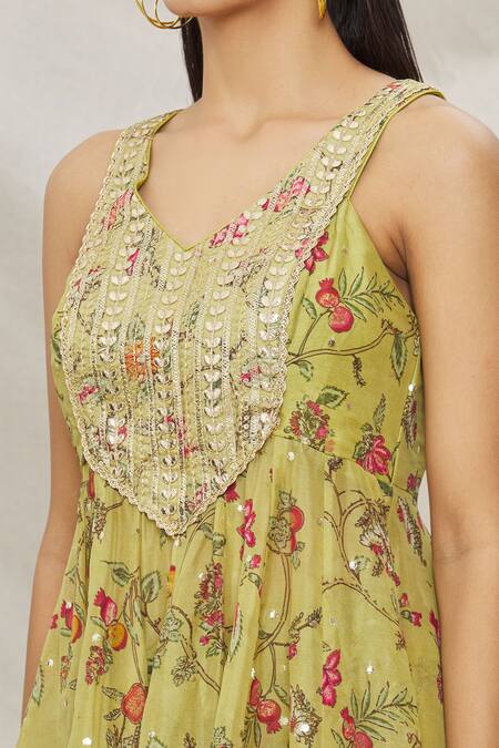 Shop_Gopi Vaid_Yellow Organza, Net Floral Motifs, Gota Work V Print Short Anarkali Sharara Set_Online_at_Aza_Fashions