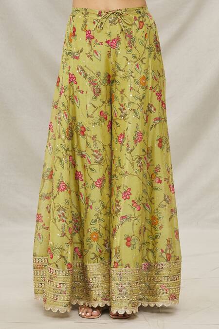 Gopi Vaid_Yellow Organza, Net Floral Motifs, Gota Work V Print Short Anarkali Sharara Set_at_Aza_Fashions