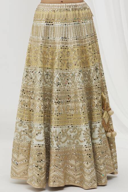 Shop_Vandana Sethi_Beige Silk Mirrors, Sequins V-neck Floral Mirrorwork Panelled Bridal Lehenga Set _Online_at_Aza_Fashions
