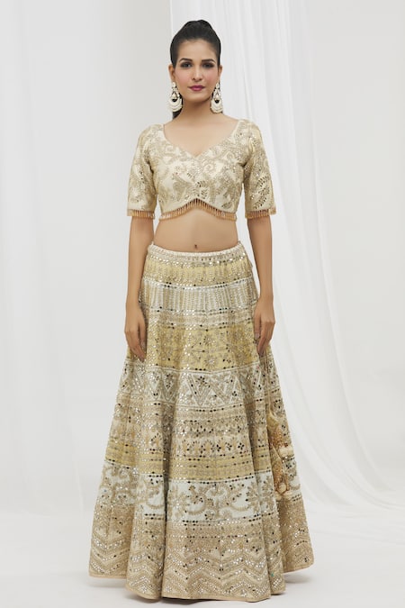 Vandana Sethi_Beige Silk Mirrors, Sequins V-neck Floral Mirrorwork Panelled Bridal Lehenga Set _Online_at_Aza_Fashions