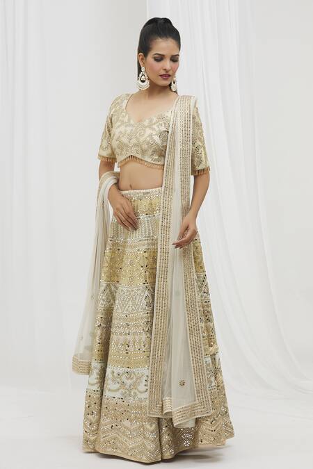 Buy_Vandana Sethi_Beige Silk Mirrors, Sequins V-neck Floral Mirrorwork Panelled Bridal Lehenga Set _Online_at_Aza_Fashions