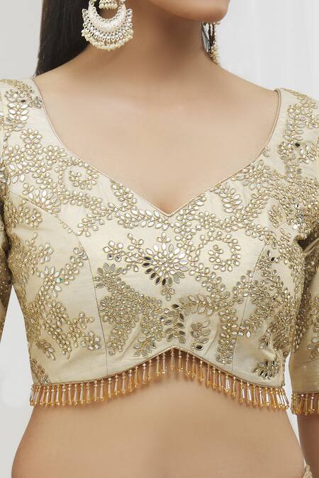 Vandana Sethi_Beige Silk Mirrors, Sequins V-neck Floral Mirrorwork Panelled Bridal Lehenga Set _at_Aza_Fashions