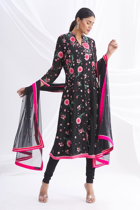 Nachiket Barve Black Silk Chanderi Embroidered Kurta Set