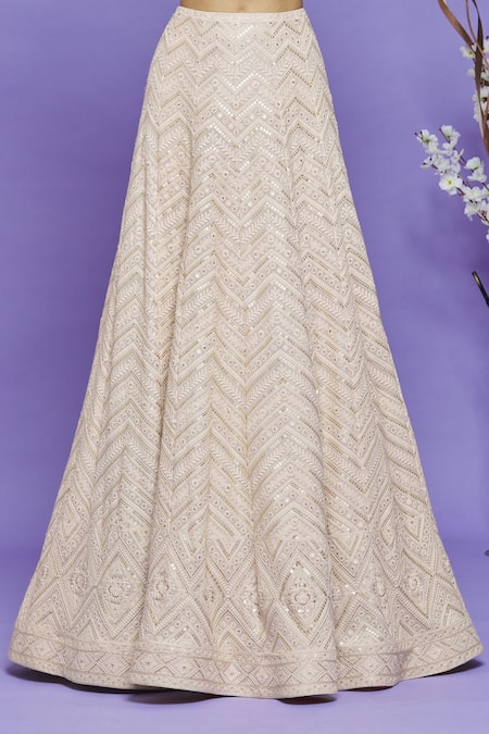 Neha Mehta Couture_Beige Lucknowi Embroidery Thread V Neck Lehenga Set _at_Aza_Fashions