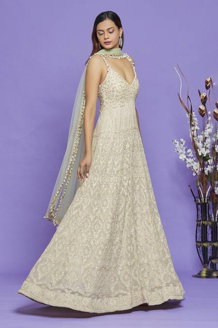 Shop_Neha Mehta Couture_Gold Lucknowi Sequin And Cutdana, Thread Floral Embroidered Anarkali With Dupatta _Online_at_Aza_Fashions