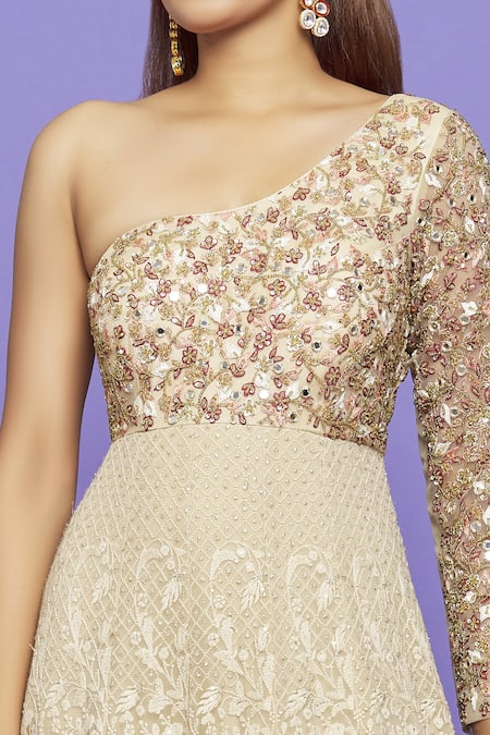 Neha Mehta Couture_Pink Lucknowi Embroidery Sequin One Shoulder Ombre Gown _at_Aza_Fashions